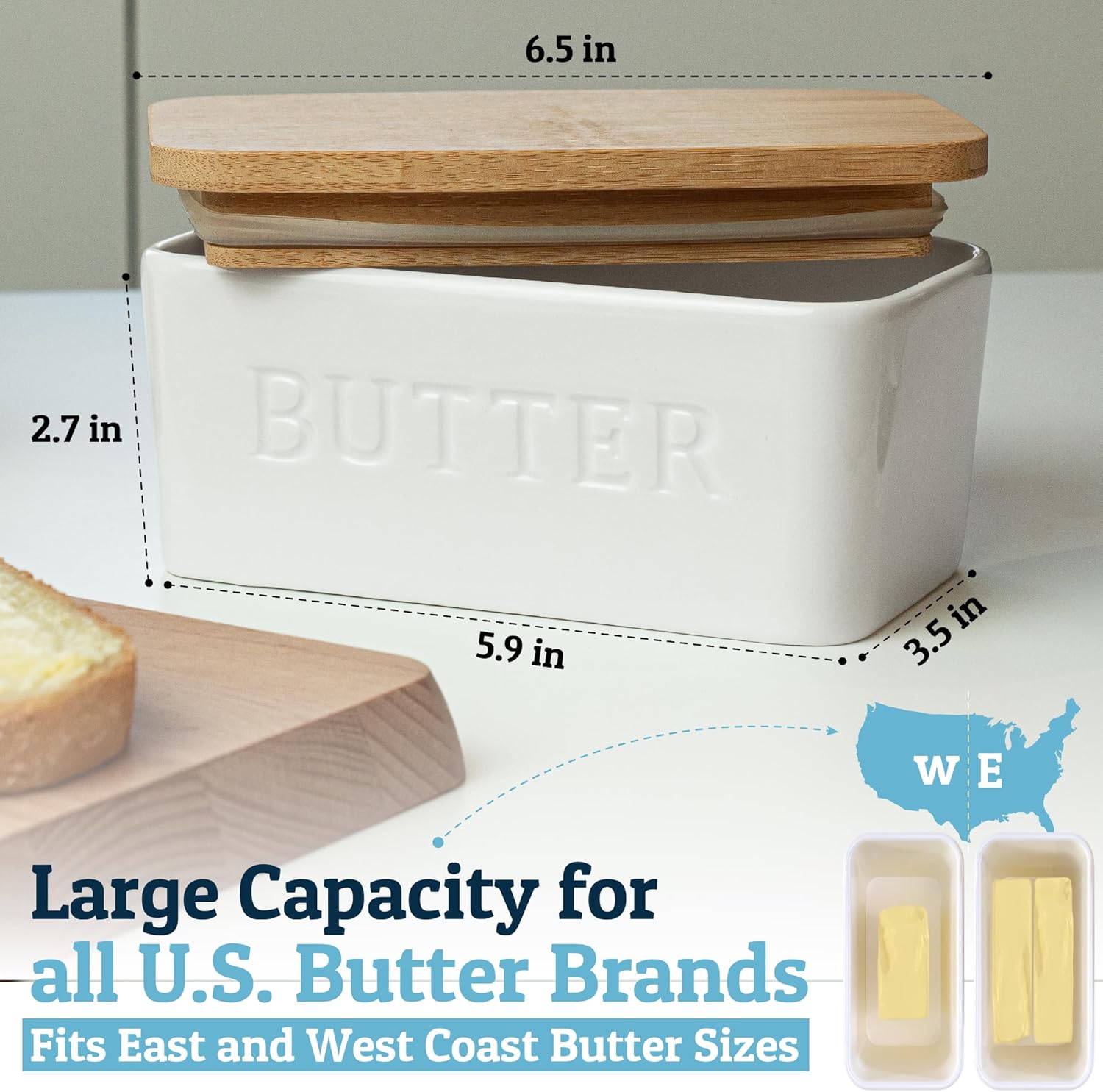 PriorityChef Extra Large Butter Dish - Ceramic Airtight Butter Keeper with Lid | White