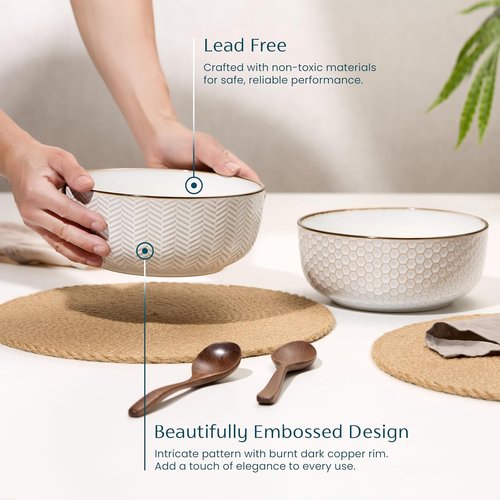KooK Ceramic Salad Bowls - Embossed Large Serving Bowls | Microwave & Dishwasher Safe, Cream with Dark Copper Accents, Set of 2, 60 oz