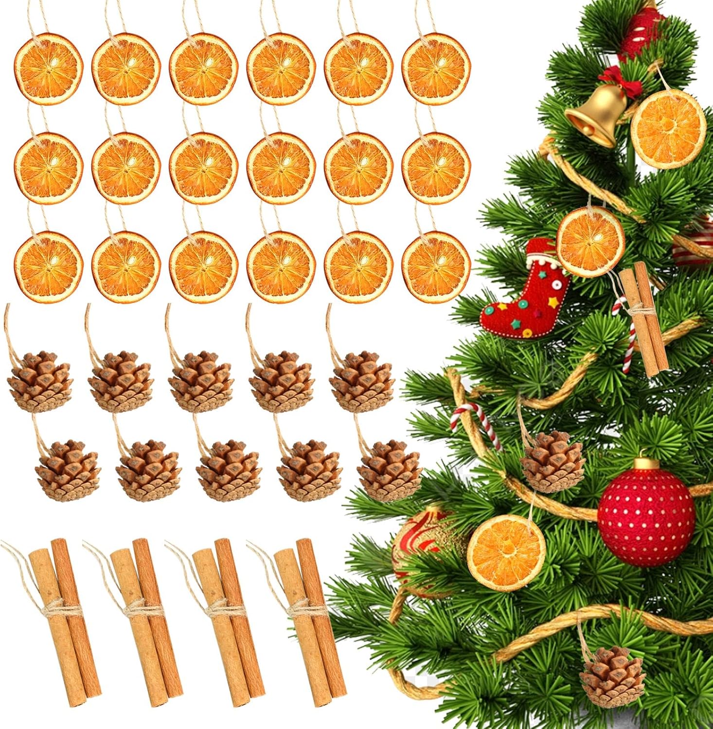 Natural Dried Orange Slices Christmas Ornaments Set by [Brand Name] - 31 Pcs with Cinnamon Sticks & Pinecones for Rustic Holiday Decor