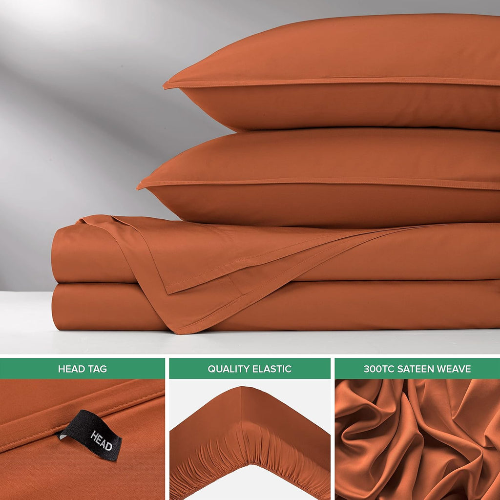 Pure Bamboo Queen Sheets - Luxuriously Soft & Cooling 100% Organic Viscose Bed Sheet Set | Terracotta, Double Stitching