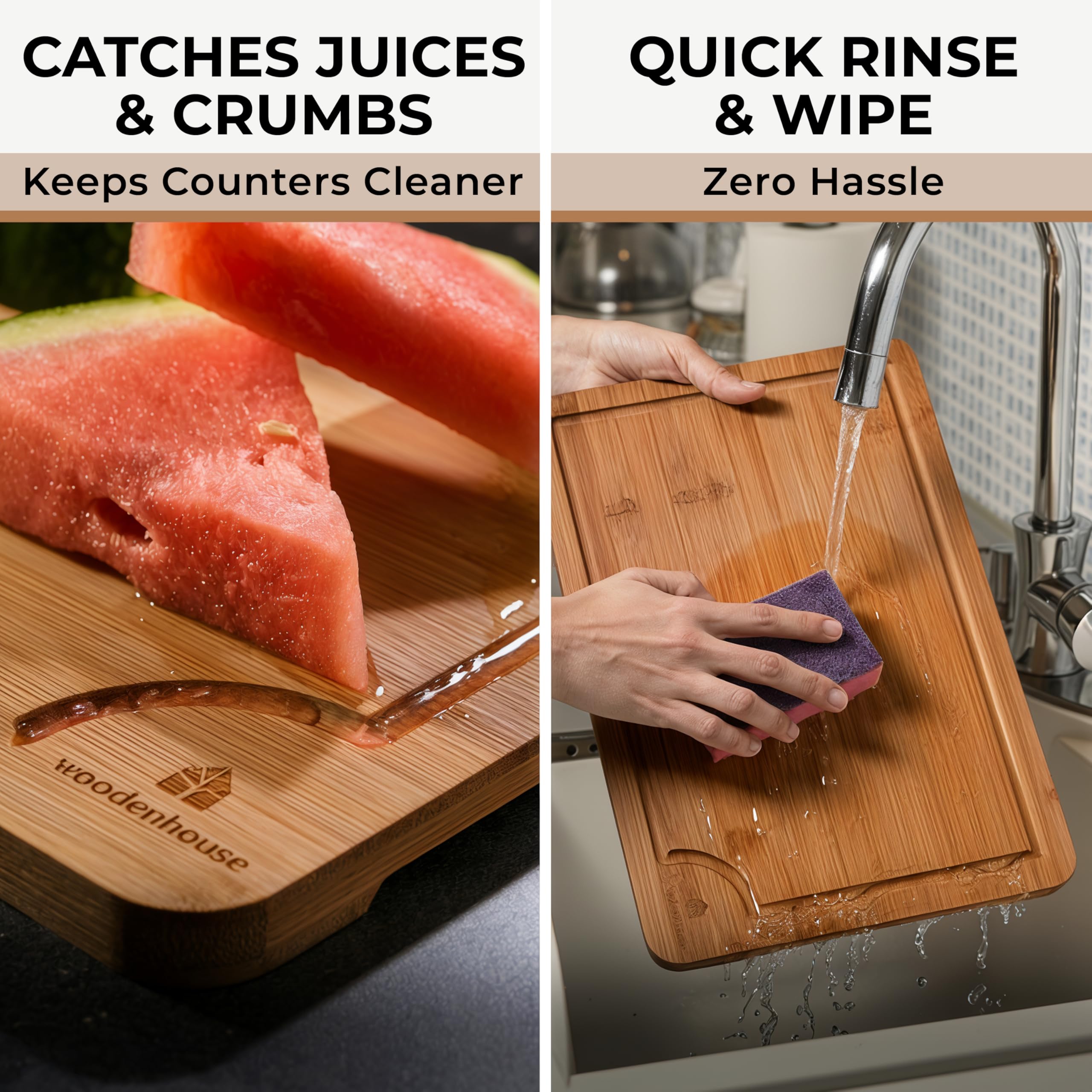 Wood Cutting Board Set of 3 with Holder - Sturdy & Easy to Clean Bamboo Wooden Cutting Boards for Kitchen - 3 Sizes of Chopping Board with Juice Grooves for Meal Prep, Everyday Use, Housewarming Gift