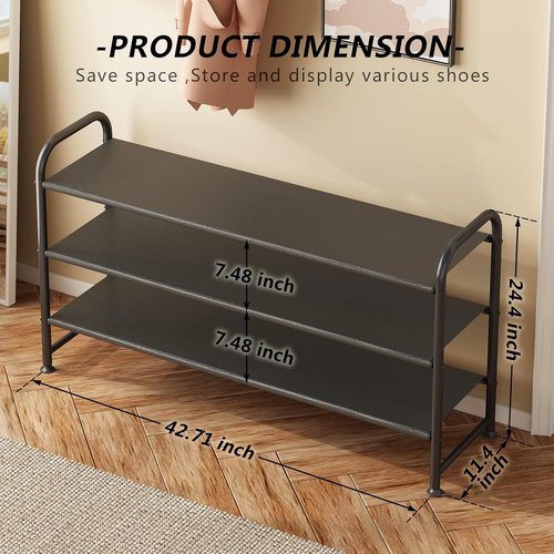 INGIORDAR Shoe Rack - 3-Tier Metal Organizer for Closet & Entryway - Wide Black Storage Solution