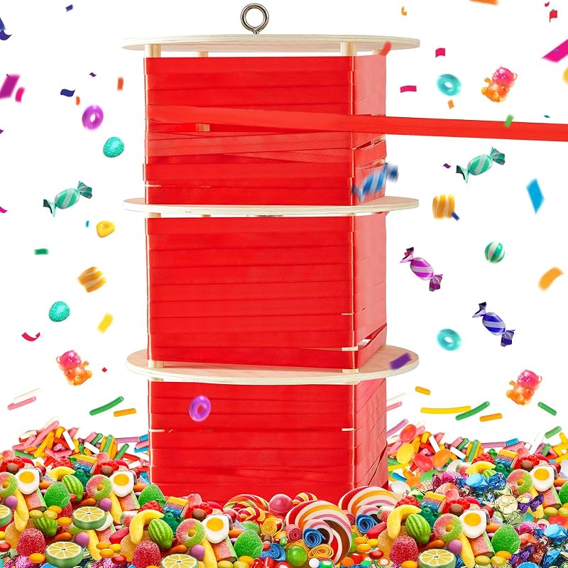 WinnerWhy Spinning Piñata with Pull String - Reusable 14x14x22.5 in Red (Gender Reveal)