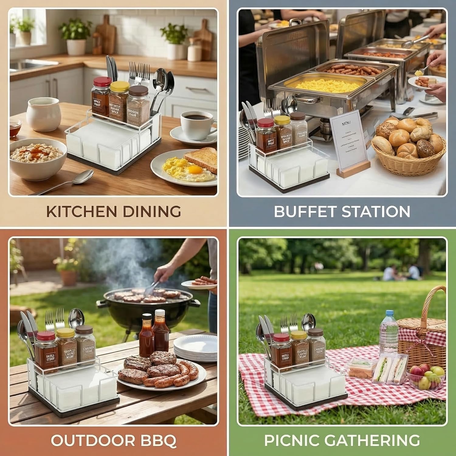 Wood & Metal Napkin Holder by [Brand Name] - 3-in-1 Utensil Caddy & Spice Rack for Kitchen or Patio (White)
