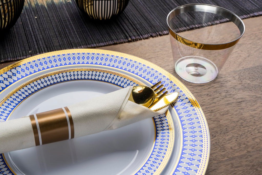 MONEST 350Pcs Blue and Gold Plastic Silverware Set for 50 Guests, Disposable Dinnerware Set includes: 50 Pre Rolled Napkins with Utensils, 50 Dinner Plates, 50 Dessert Plates, 50 Cups (Royal Sapphire)