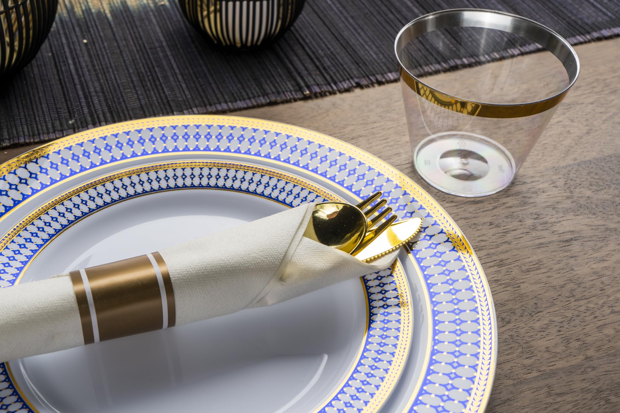 MONEST 350Pcs Blue and Gold Plastic Silverware Set for 50 Guests, Disposable Dinnerware Set includes: 50 Pre Rolled Napkins with Utensils, 50 Dinner Plates, 50 Dessert Plates, 50 Cups (Royal Sapphire)