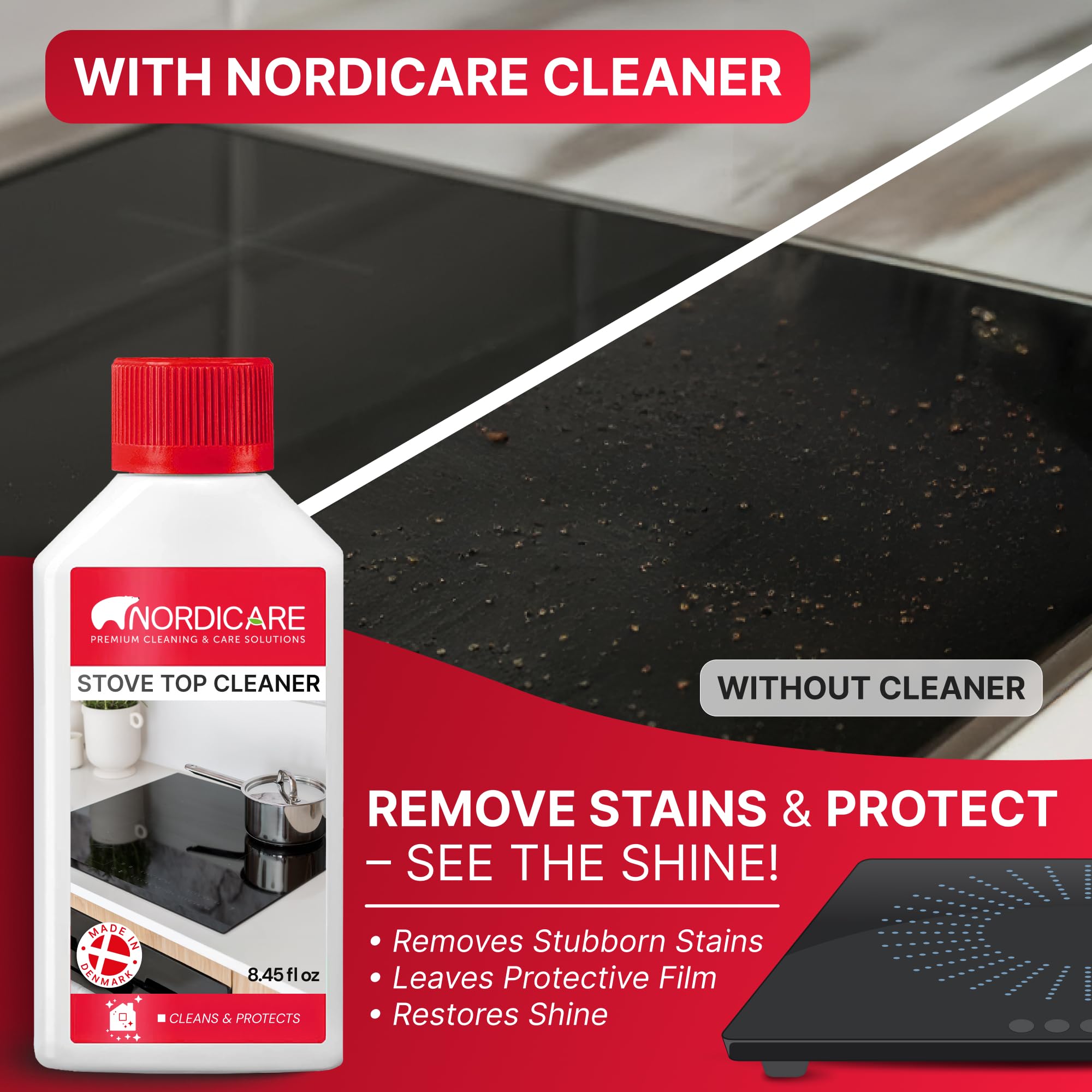 Nordicare Stove Top Cleaner Glass Ceramic - Induction Cooktop Cleaner Polish And Protector For Everyday Use - No Scrubbing Pad Needed - Leaves Protective Film - Made In Denmark (8.45oz)
