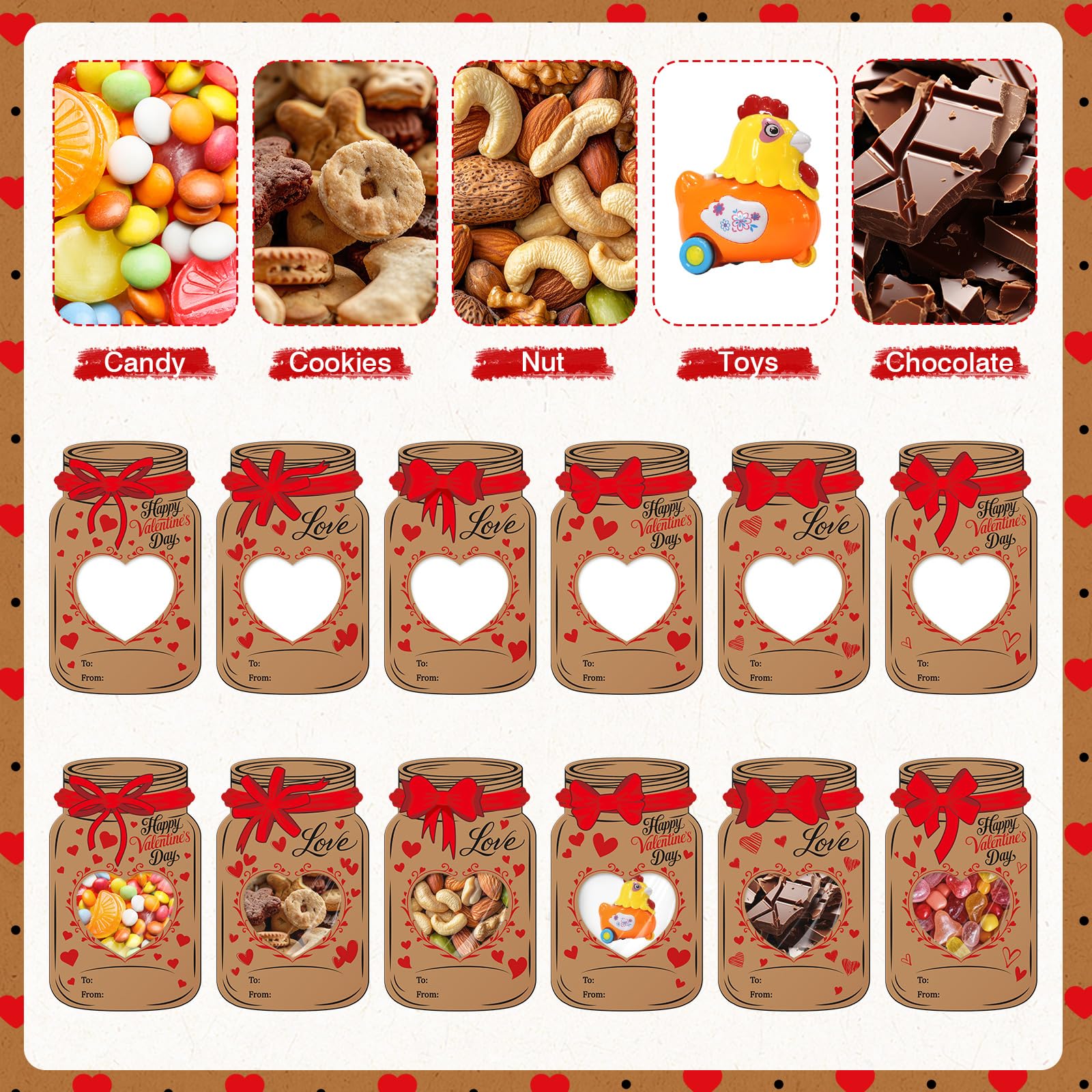 Honeydak 48 Set Valentine's Day Mason Jar Bows Cards Kit with Clear Treat Bags & Adhesive Strips, Happy Valentines Cards, DIY Goodie Bags, Valentines Exchange Card, Party Favors Supplies