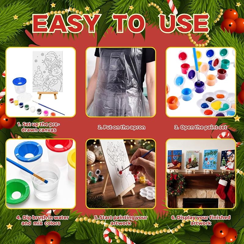 Christmas Pre-Drawn Canvas Sip & Paint Kit – 84 Pieces (12 Patterns)