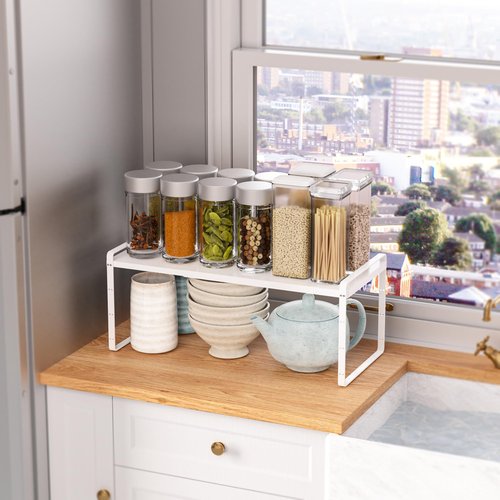 SANNO Expandable Cabinet Shelf Organizer,Spice Rack Adjust Height Large Kitchen Cupboard Organizer Stackable Counter Shelf Expandable Shelves, Counter Pantry, White,3 Pack
