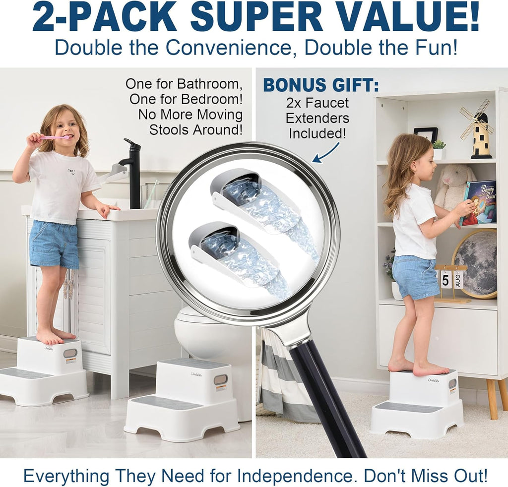 Skiennix 2-Pack Kids Step Stool - Non-Slip Toddler Bathroom & Kitchen Stool | Heavy Duty 200lbs (Grey)