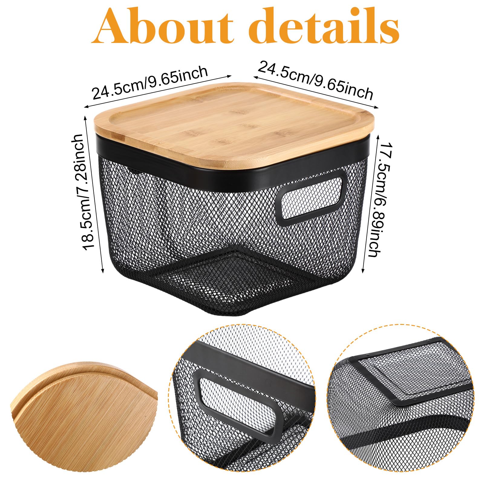 Maxdot 4 Pack Metal Mesh Steel Basket with Bamboo Lids 9.65 x 9.65 x 6.89 Inches Stackable Metal Mesh Basket with Handles Wire Storage Bin for Storage Fruits Pantry Bathroom Kitchen Cabinets Shelves