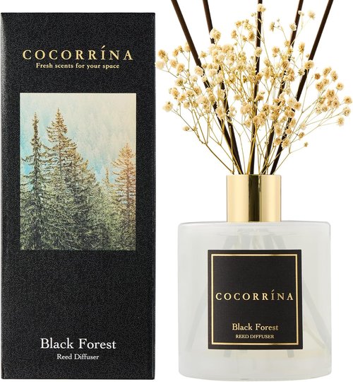 Cocorrína Reed Diffuser - Black Forest Scented 17 Fl. Oz Diffuser with 8 Sticks & Preserved Flowers | Home Decor