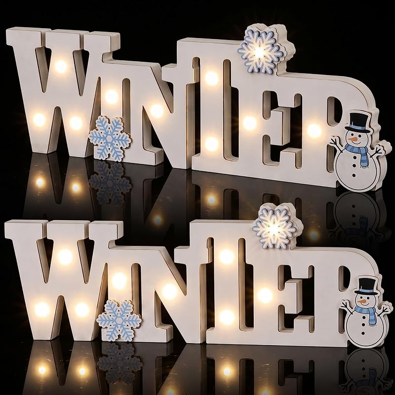 Wooden Winter Sign Lighted Tabletop Decor - White LED Centerpiece (White+Winter)