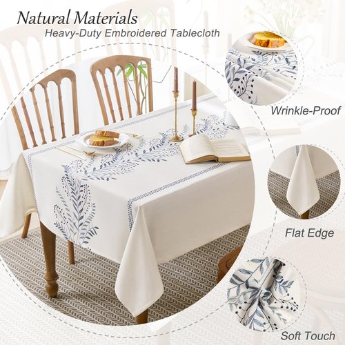 Aiimart Linen Style Embroidered Tablecloth, Waterproof and Wrinkle-Resistant Table Cloth Rectangle Tables, Farmhouse Floral Rectangle Table Cover for Dining Room and Outdoor Parties(Blue, 55"x71")