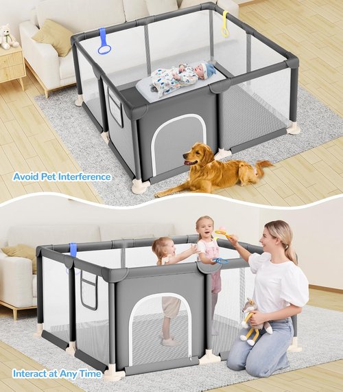 Dripex Baby Playpen - 47"x47" Safe Indoor & Outdoor Play Yard with Soft Mesh & Easy Setup - Grey