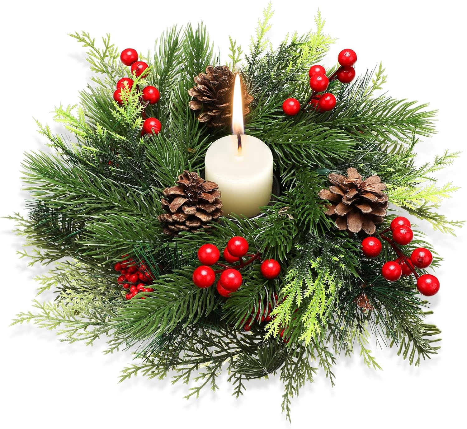 Mumufy Christmas Centerpiece Candle Holder - 12-Inch Mini Tabletop Decoration with Pine Cones & Red Berries