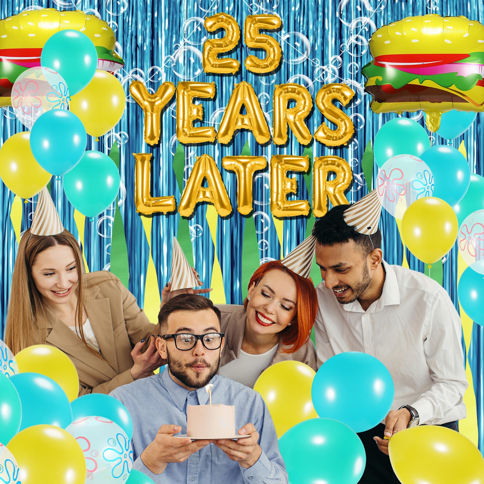 Sponge 25th Birthday Decorations, 25 Years Later letter Balloons Set for Ocean Theme Party,Birthday Decor,Mermaid,Baby Shark,with Hamburger Balloons,Blue Backdrop Bubble Garland and Crepe Paper