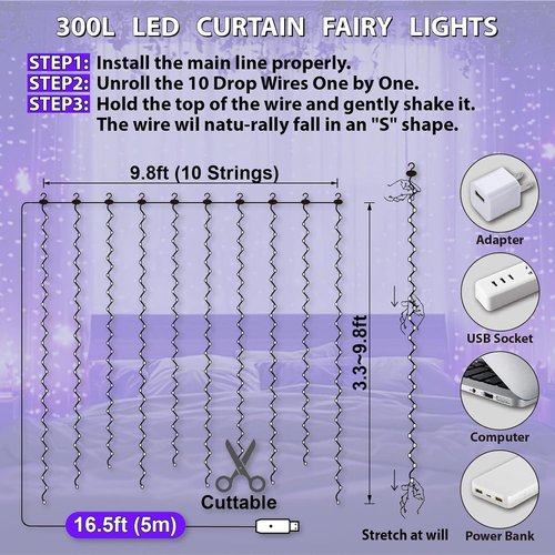 HXWEIYE 300LED Fairy Curtain Lights - 9.8x9.8Ft USB Plug-In with Remote | 8 Modes for Bedroom & Wedding Decor - Purple
