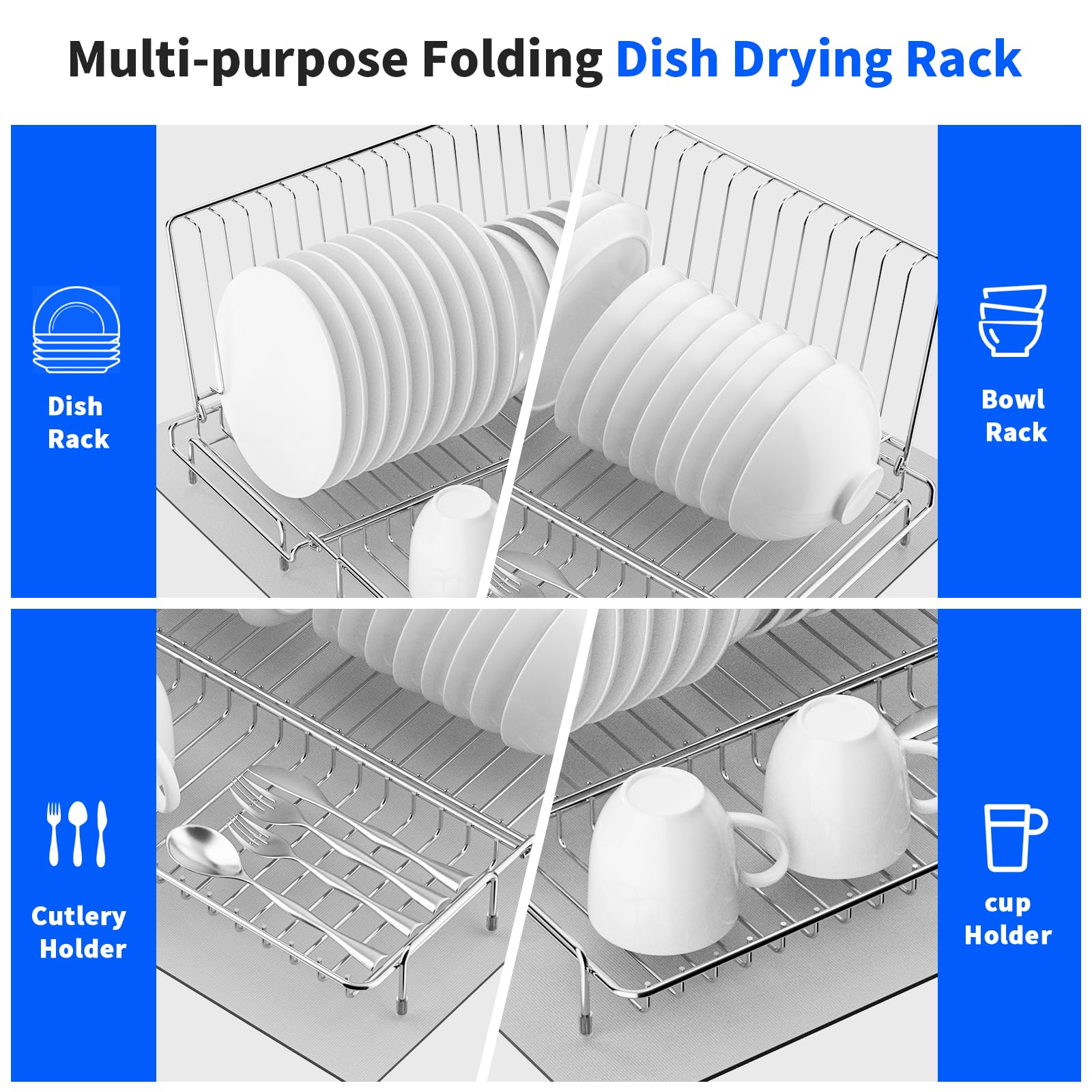 chilinii Dish Drying Rack Stainless Steel Collapsible Foldable Small Dish Rack Countertop Portable Drainer with Drying Mat for Kitchen Dorm RV Campers Travel Trailer Space Saving
