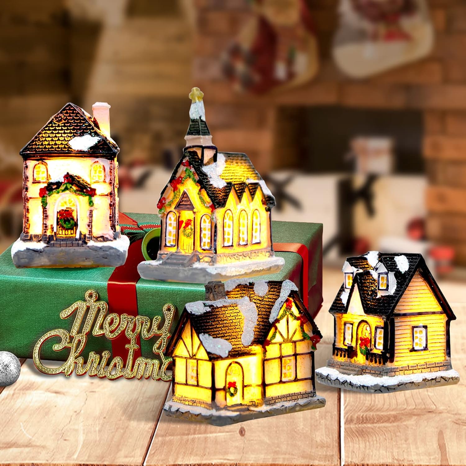 Skiennix 4 Pcs Small Christmas Village House Set - Resin Collectible Buildings with LED Lanterns for Holiday Table Decor