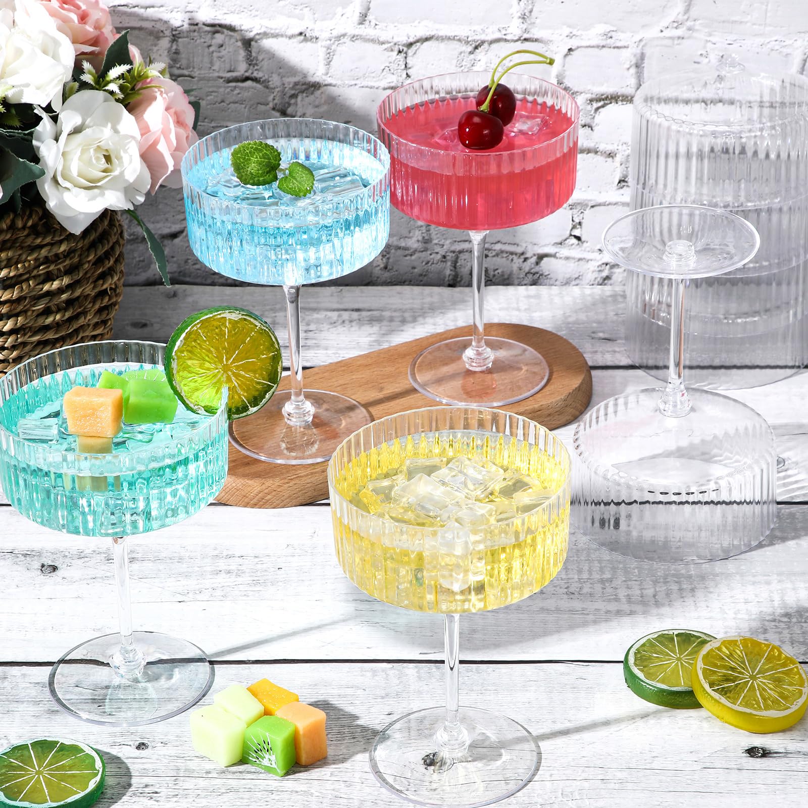 Jingmore 48 Pcs Ribbed Martini Glasses 10 oz Disposable Plastic Vintage Ribbed Coupe Glasses Unbreakable Dessert Parfait Glassware for Wedding Birthday Party Supplies (Clear)