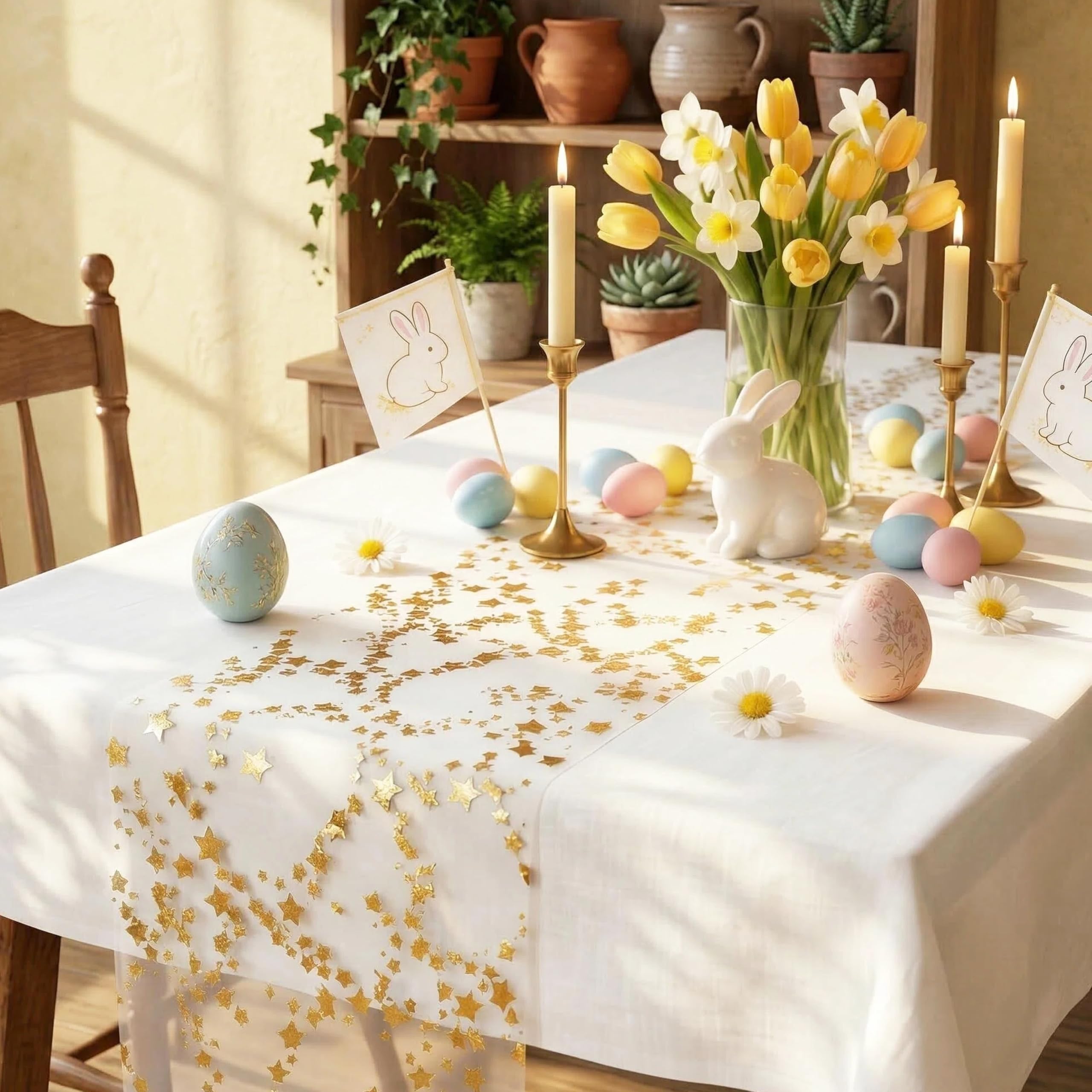 YATOJUZI Gold Table Runner Easter Table Decorations, 16 Ft Golden Star Sheer Chiffon Tulle Table Runners, Sequin Glitter Metallic Gold Foil Centerpiece for Wedding Anniversary Birthday Party