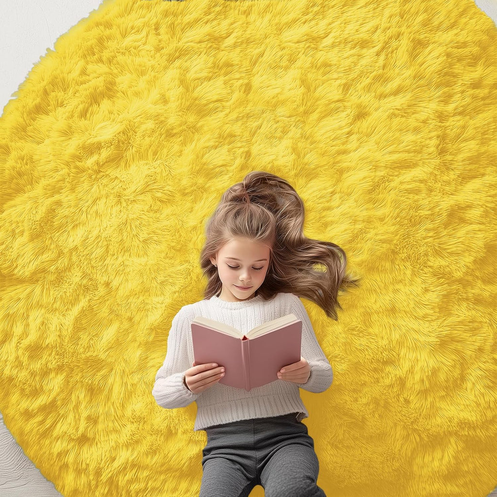 OLANLY Yellow Round Area Rug - Soft, Fluffy, Machine Washable 6 ft Circle Carpet for Bedroom & Living Room