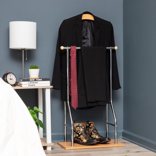 Mind Reader Valet Stand, Clothes Rack, Clothing Organizer, Jacket Hanger, Metal, Wood, 19.75"L x 11.75"W x 43"H, Silver
