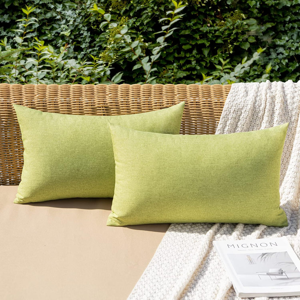MIULEE Decorative Outdoor Throw Pillow Covers - Waterproof Faux Linen Cushion Cases | 20x12 Inch, Moss Green (Pack of 2)