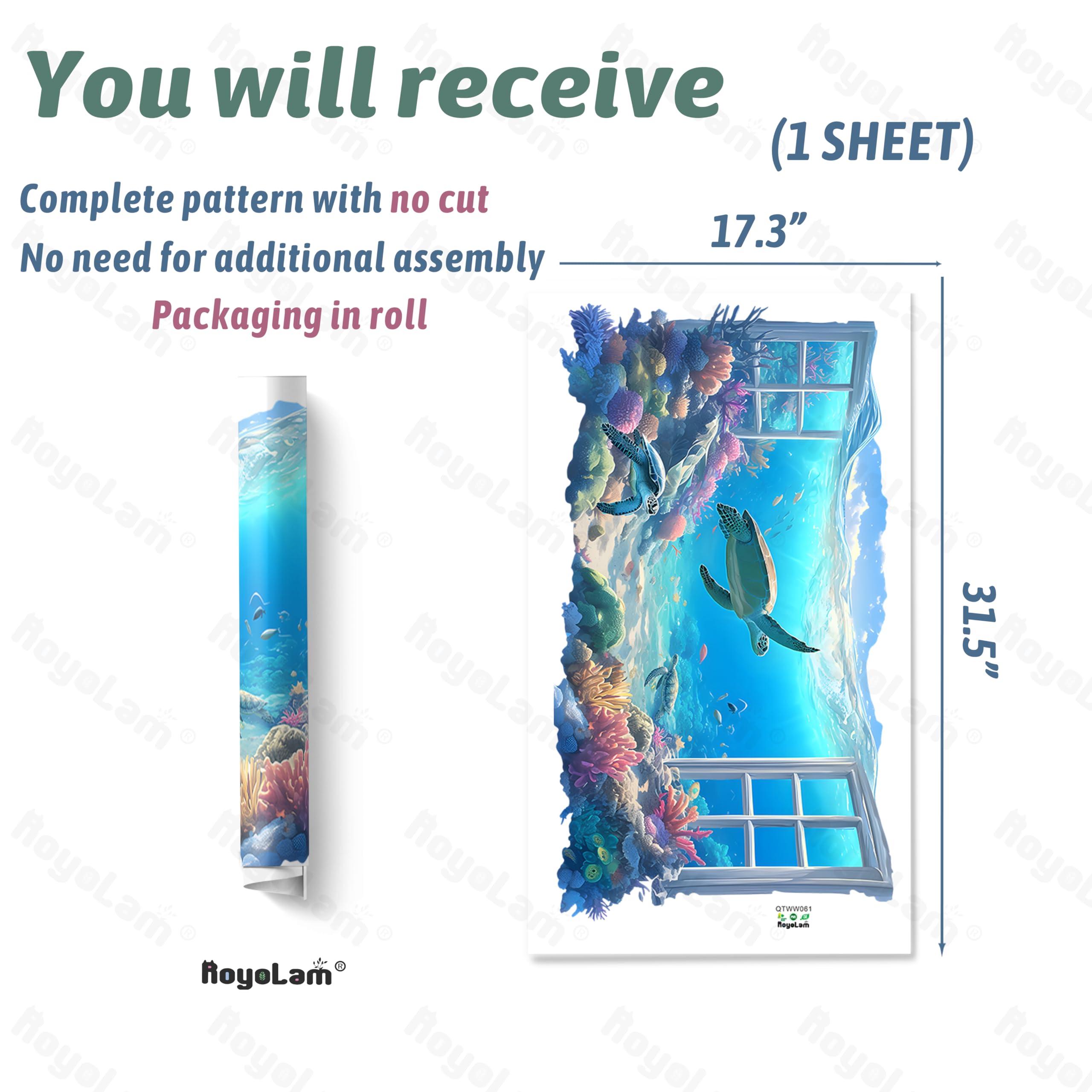 RoyoLam Underwater Scene Sea Turtle Fishes Wall Stickers 3D Fake Window Wall Decals for Kid Removable Peel and Stick Wall Art Home Decor Decoration for Classroom Preschool Living Room Bedroom Bathroom
