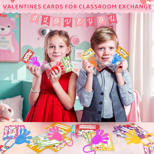 Valentines Day Cards for Kids School, 28 Packs Valentine Day Gifts with Cards for Kids Classroom with Funny Sticky Hands toys, Valentines Party Favors Exchange Gift for Boys Girls