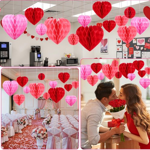Yexiya 32 Pieces Honeycomb Balls Valentines Pom Poms Red Paper Honeycomb Ball Decorations Hearts Tissue Paper for Wedding, Valentine's Day, Engagement, Bridal Shower(Red, Light Pink, Blush Pink)