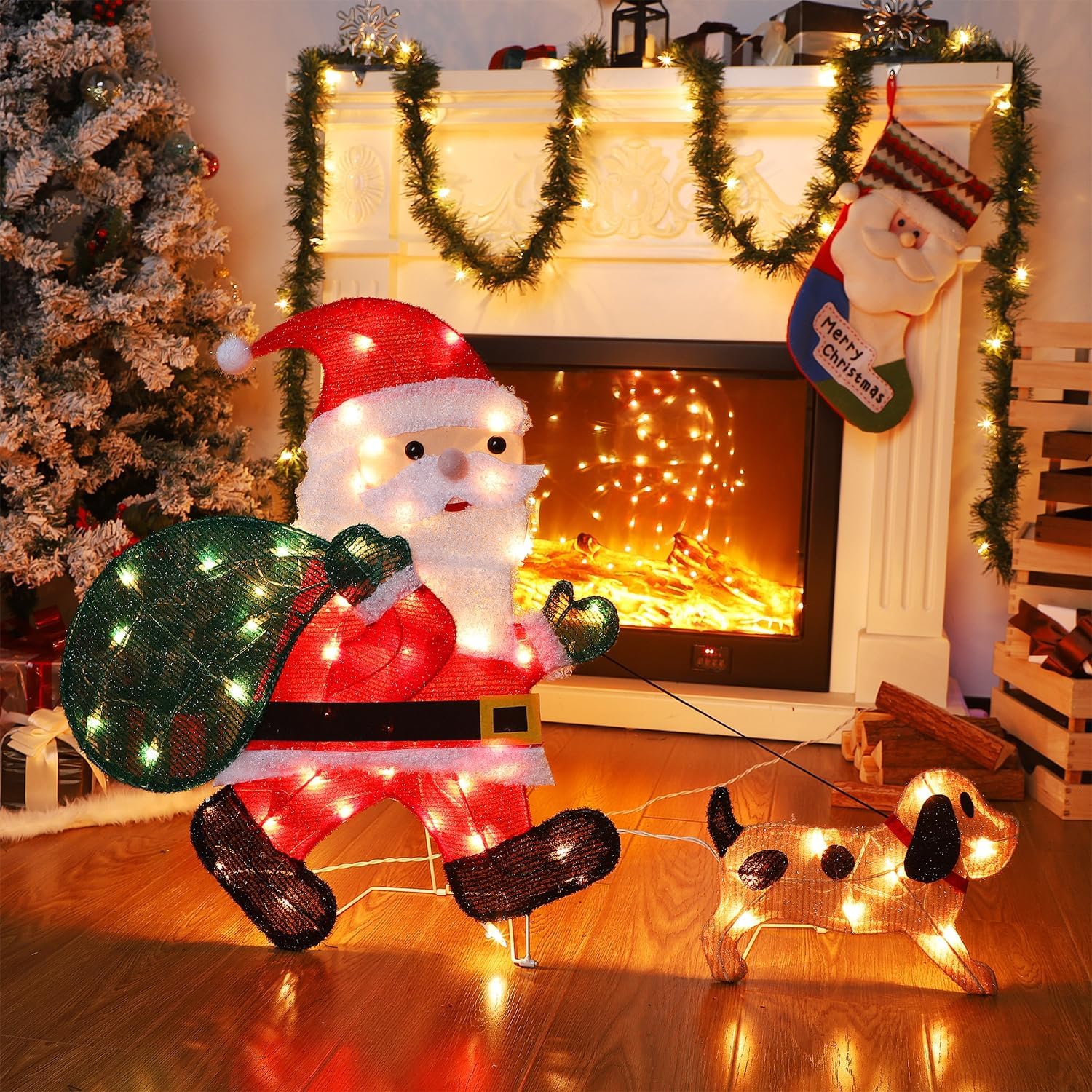 Waterglide Lighted Christmas Santa Claus with Puppy - 26.5 Inch Pre-Lit 2D Tinsel Outdoor Yard Decor