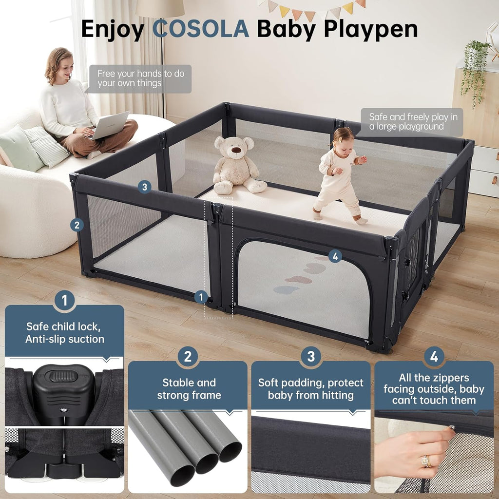Skiennix Large Baby Playpen - Adjustable Foldable Indoor & Outdoor Fence, 79x71 Inch, Black