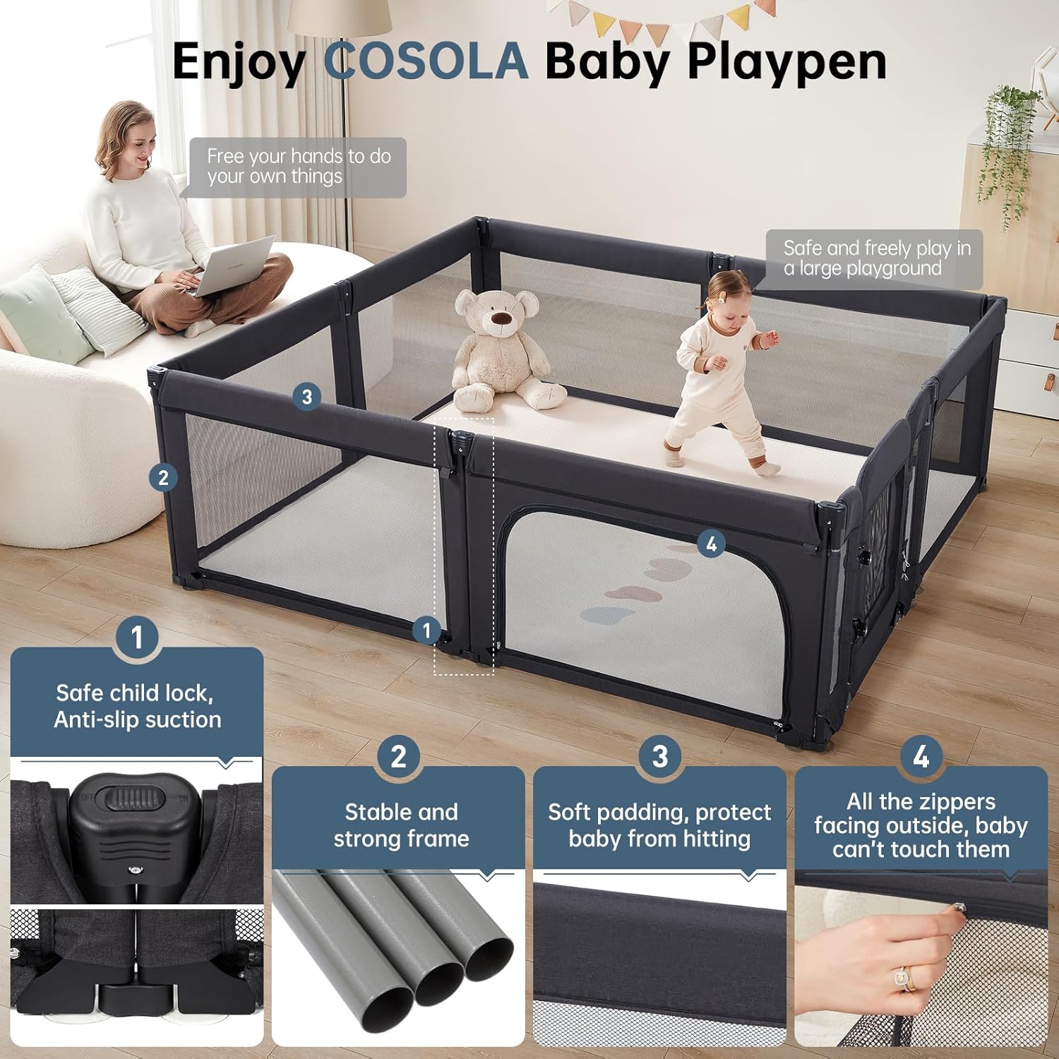 Skiennix Large Baby Playpen - Adjustable Foldable Indoor & Outdoor Fence, 79x71 Inch, Black