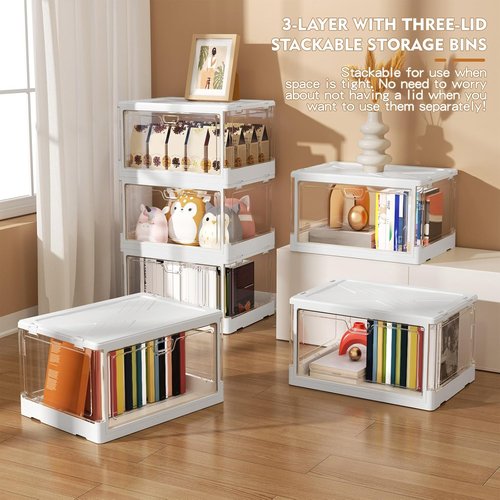 Kmiectse Clear Storage Bins - Stackable & Sturdy 3-Pack | 23 QT Multifunctional Folding Bins with Lid