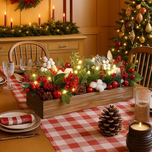 Leinuosen Christmas Table Centerpieces - 30 Pcs Floral Berry Rattan Garland with LED Lights for Winter Decor