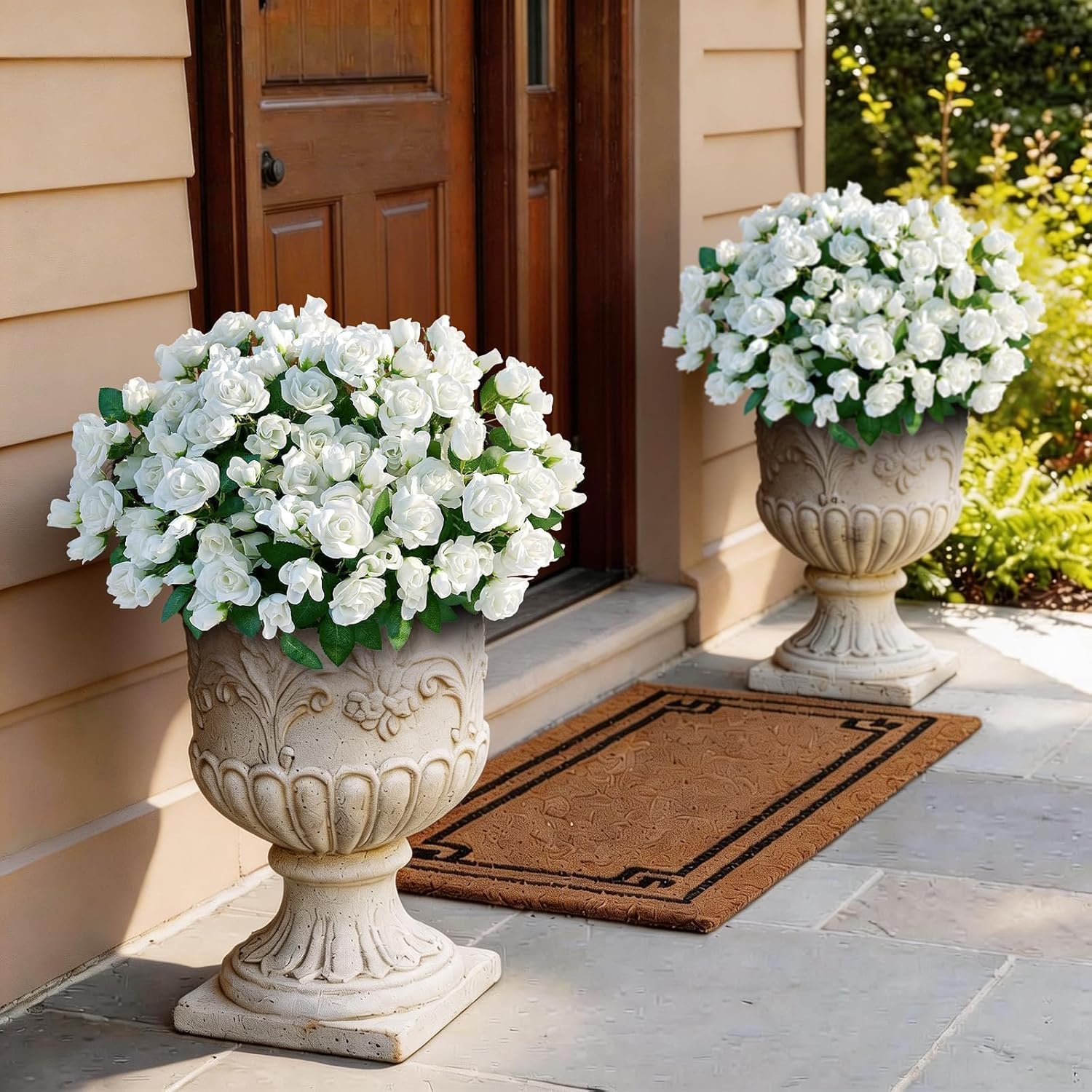 Skiennix Artificial Roses - Realistic Silk Bouquets for Outdoor Decor | UV Resistant White Flowers (8 Bundles)