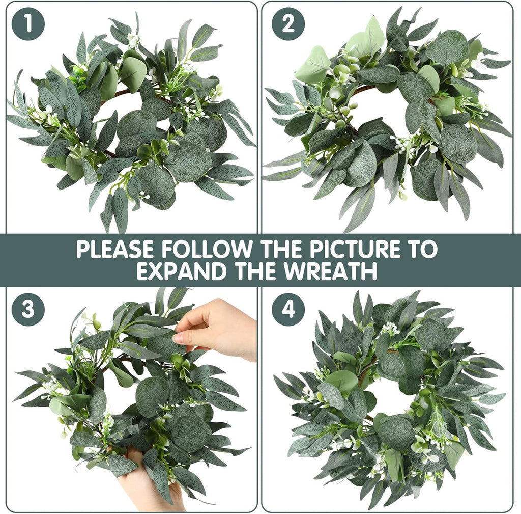 Thinkday Eucalyptus Candle Ring Set - 4 Inch Mini Artificial Wreaths for Pillar Holders | Green Floral Decor