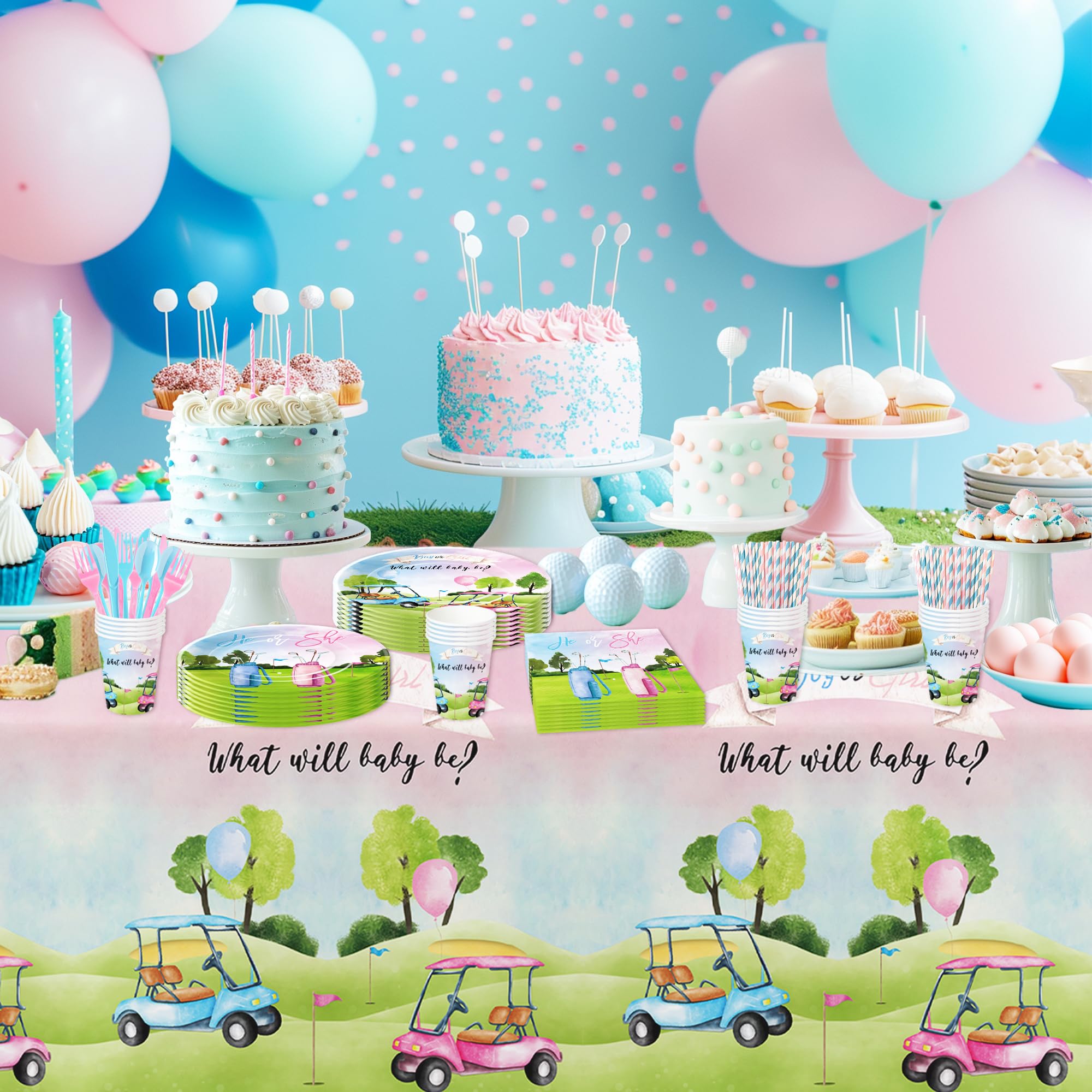 Xenorik Golf Gender Reveal Decorations Tablecloth - Disposable Blue Or Pink Golf Gender Reveal Party Supplies Table Cover, He Or She Golf Gender Reveal Party Table Cloth, 3 Pack (108in x 55in)