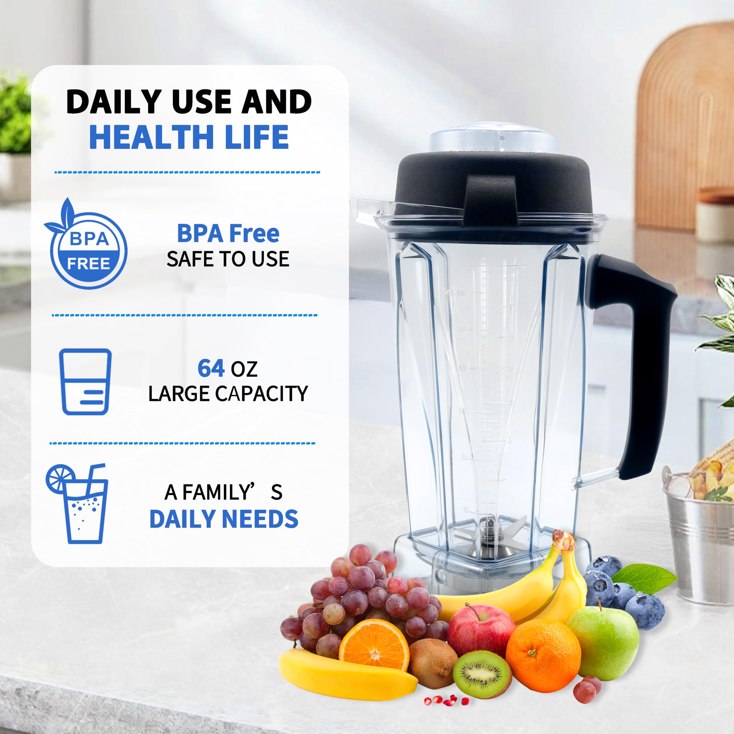 Blender Pitcher 64oz, Replacement for 5200 5000 5500 6300 7500 Pro200 750 VM0101 VM0102 VM0103 E310 320, Classic/Explorian/Commercial series Pitcher Jar Cup 3 year warranty