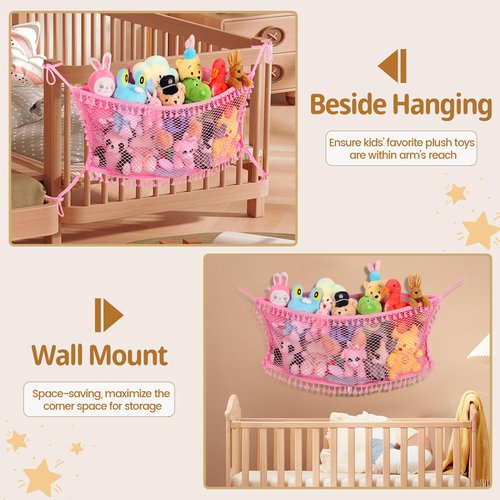 Erogeen Stuffed Animal Storage Net, Large Bedside Toy Organizer Net, Cotton Plushie Toy Storage Hammock with Tether for Stuffed Animals Room Organization (Pink, 2 Pack)