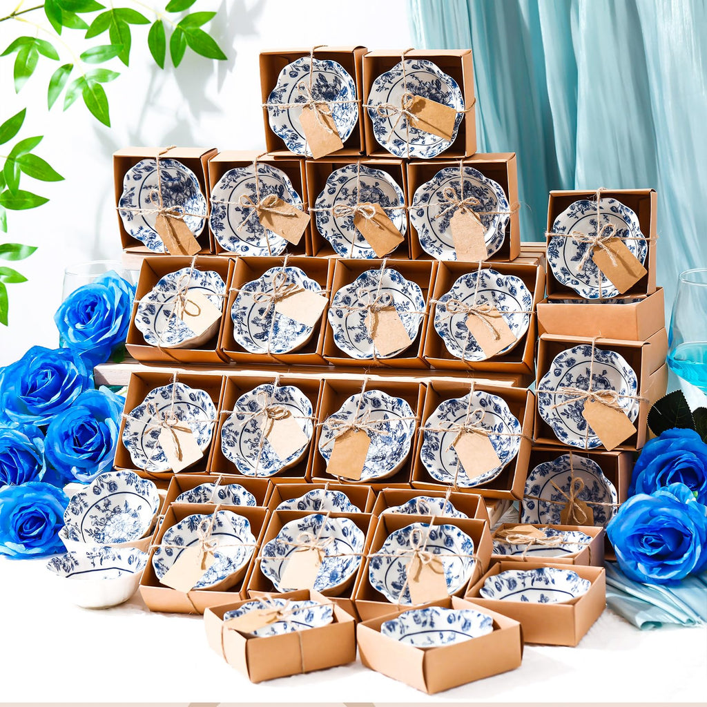 SiliFine 48 Pcs Wedding Favors for Guests Small Ceramic Bowl Bulk Gifts Set 3.3 Inch Floral Design Mini Dipping Sauce Dish with Card Box for Bridal Pooja Baby Shower Birthday (Flower,Blue)