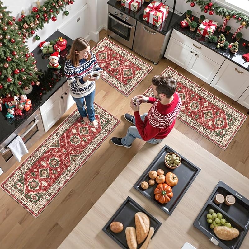 Christmas Kitchen Rug Set of 3 - Red & Green Non-Slip 20x32, 20x48, 20x59 variation: Red/Green+20"x32+20"x48+20"x59"