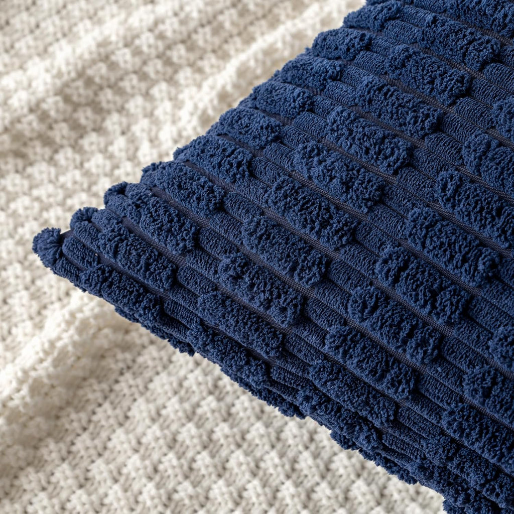 MIULEE Euro Sham Pillow Covers - Soft Corduroy Boho Striped Design | 24x24 Inch Dark Blue for Modern Home Decor