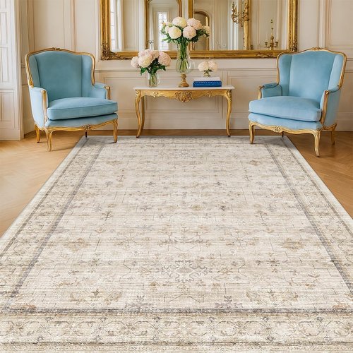 Farmhouse 6x8 Area Rug - Soft Beige Cream Carpet for Living Room, Bedroom & Home Office | Non-Slip & Washable