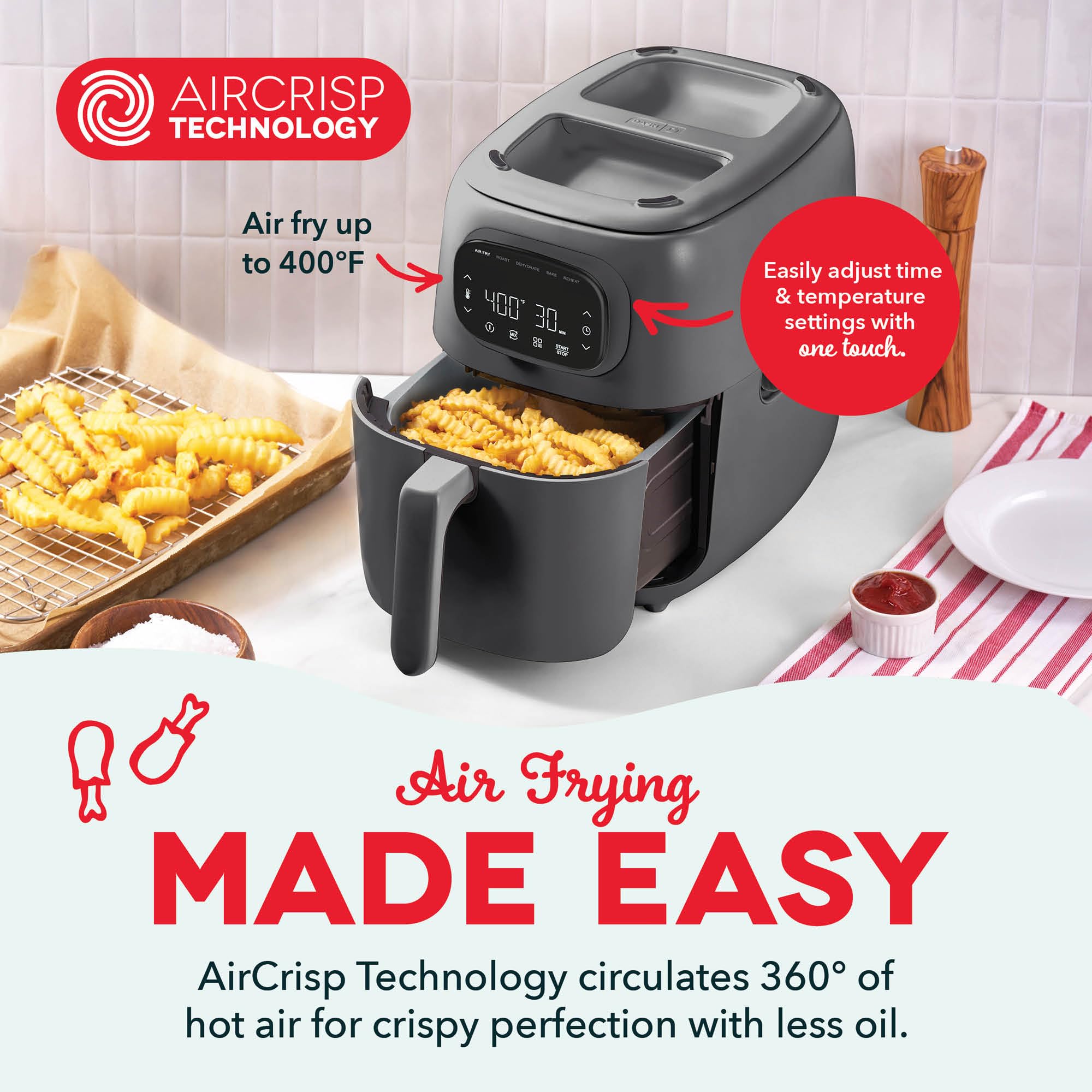 Dash Flip & Fry™ Digital 2-in-1 Grill & Air Fryer - Has AirCrisp® Technology - Digital Touchscreen, Ceramic Nonstick Grill Plate & Special Dehydrate Function - 7 Quarts - Forged Iron