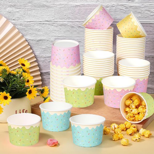 Hallswl 100pcs 9oz Ice Cream Bowls Disposable,Paper Ice Cream Cups,5 Color Sprinkles Food Containers for Dessert Snack Frozen Yogurt Soup and Summer Birthday Party Supplies