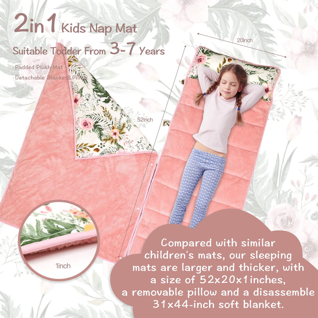 Nap Mats for Preschool,Toddler Nap Mat with Removable Blanket and Pillow, Extra Large Rolled Napping Mats,Toddler Sleeping Bag,Kids Sleeping Bag for Daycare,Nap Mats for Daycare (Flower)